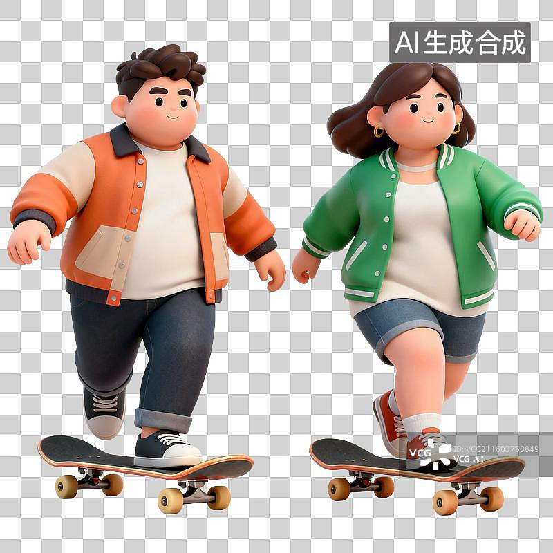 【AI数字艺术】两个卡通人物滑板运动图片素材