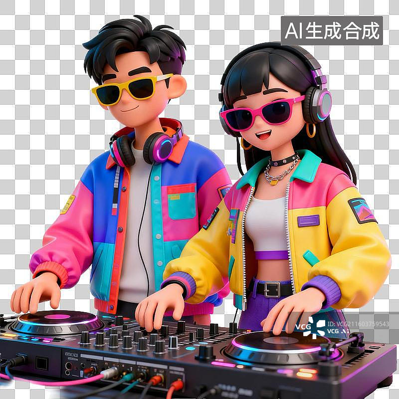 【AI数字艺术】两位穿着鲜艳的DJ正在混音图片素材