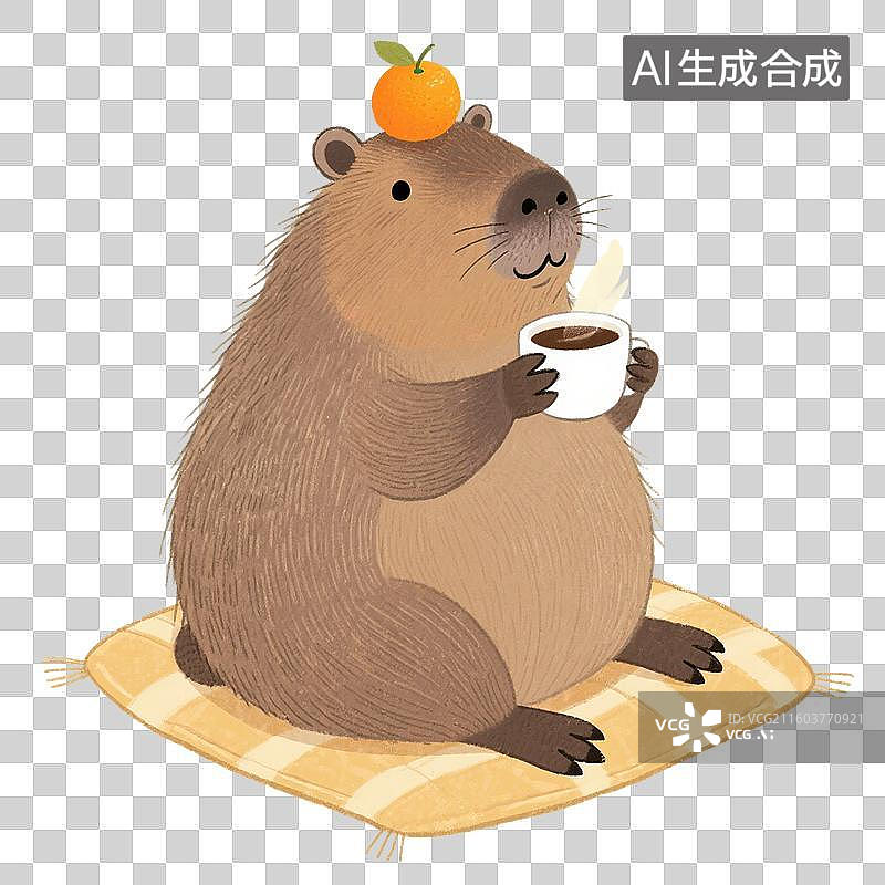 【AI数字艺术】治愈系手绘插画，卡通动物，水豚，卡皮巴拉，喝咖啡的水豚，夏天，秋天，冬天，免抠元素图片素材