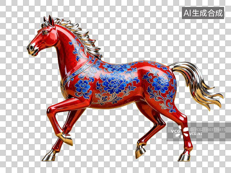 【AI数字艺术】3D渲染，景泰蓝，奔跑的马，马年，马，金色马，十二生肖，免抠元素图片素材