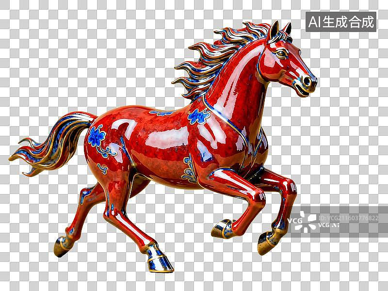 【AI数字艺术】3D渲染，景泰蓝，奔跑的马，马年，马，金色马，十二生肖，免抠元素图片素材