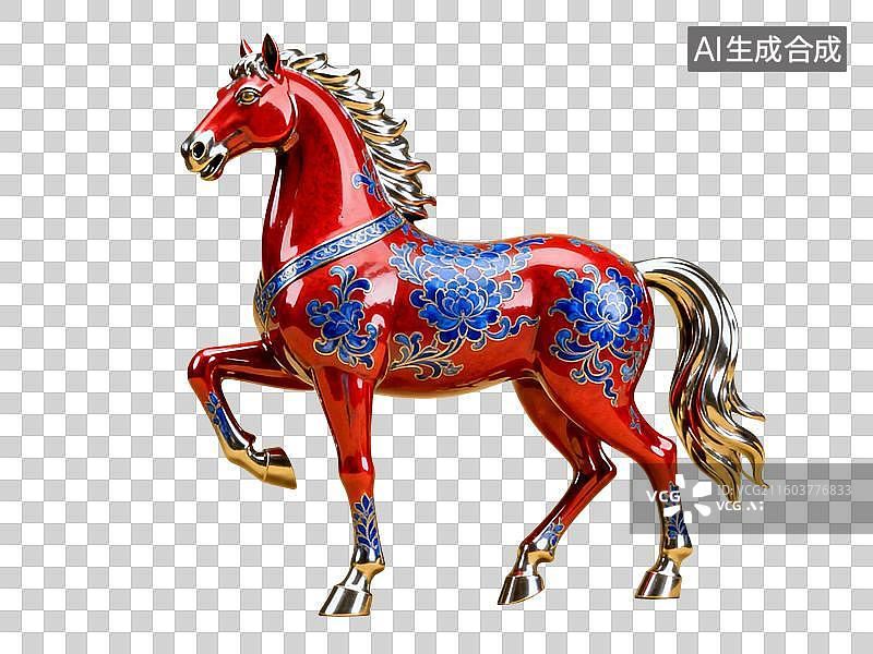 【AI数字艺术】3D渲染，景泰蓝，奔跑的马，马年，马，金色马，十二生肖，免抠元素图片素材