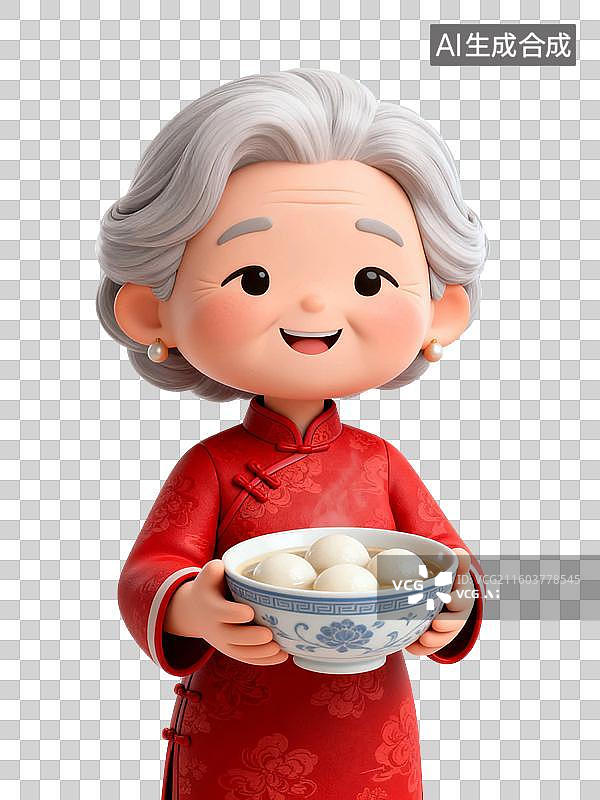 【AI数字艺术】3D渲染中国风人物，手里拿着一碗汤圆的老奶奶，旗袍，春节，新年，元宵节，传统节日图片素材