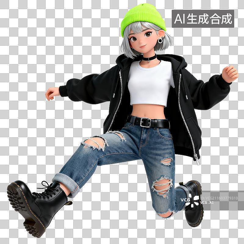 【AI数字艺术】3D银发潮酷时尚女孩动作姿势图片素材