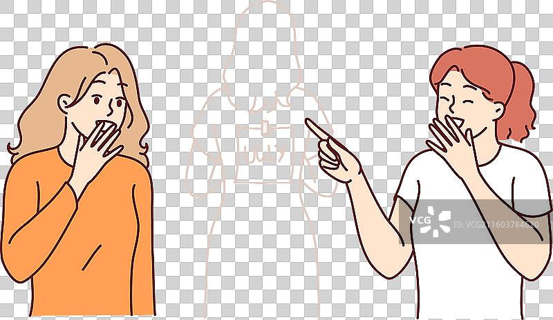 女孩们嘲笑背后写着“丑”字的同学图片素材