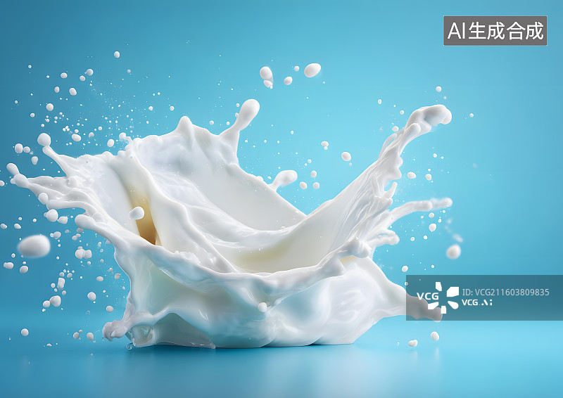 【AI数字艺术】蓝色背景上飞溅的牛奶图片素材