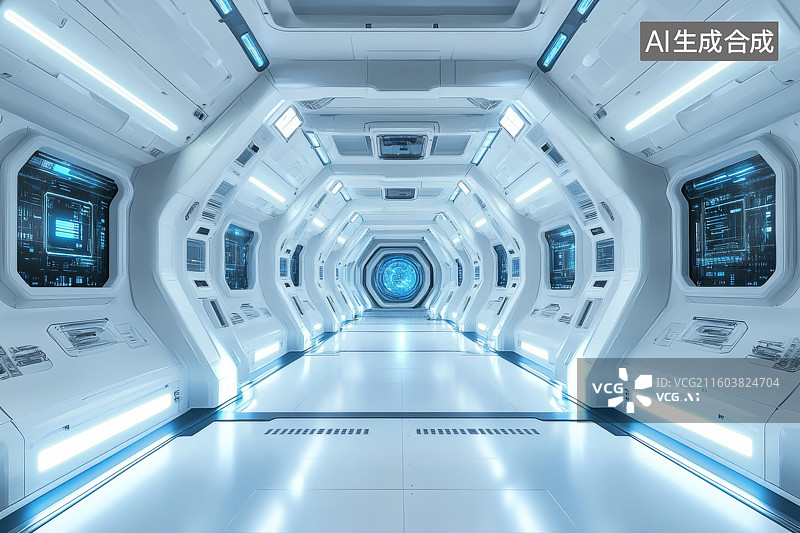 【AI数字艺术】未来科技飞船内部走廊图片素材