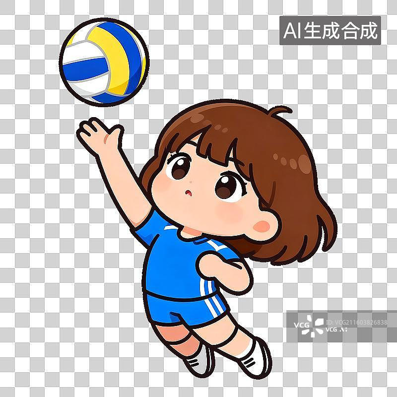 【AI数字艺术】体育运动   女排运动员 2D贴纸卡通插画风格   运动人物形象，体育锻炼   元素系列图片素材