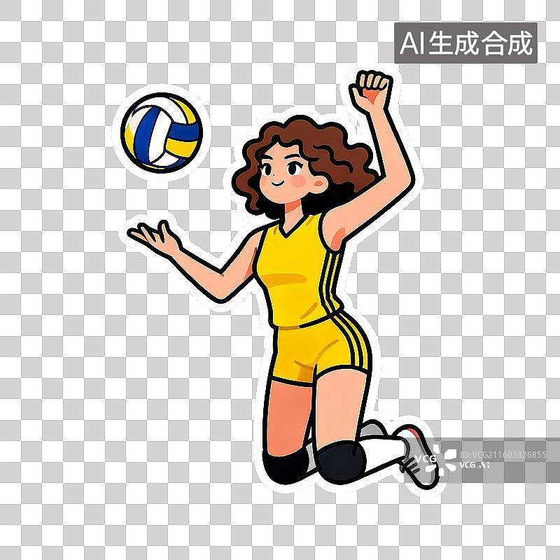 【AI数字艺术】体育运动   女排运动员 2D贴纸卡通插画风格   运动人物形象，体育锻炼   元素系列图片素材