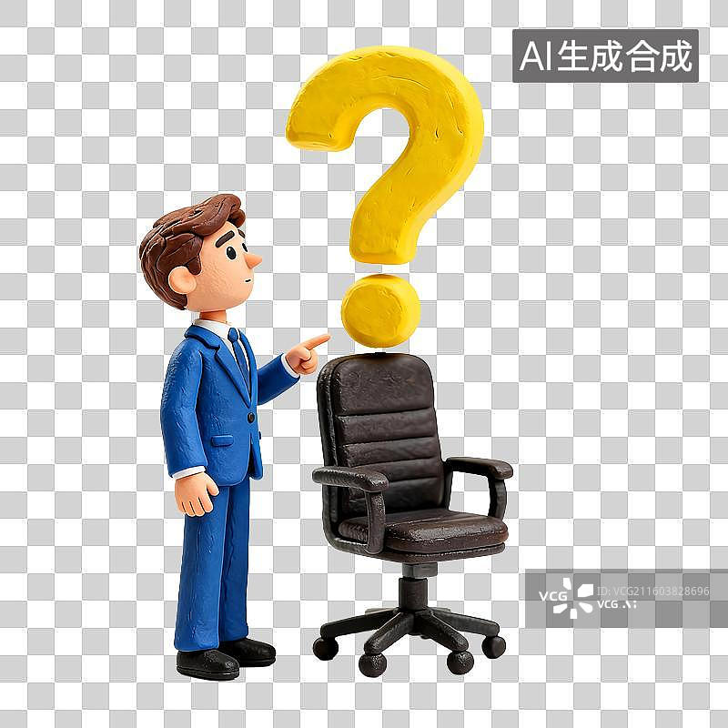【AI数字艺术】3D卡通商务男性和办公椅上的巨大问号，思考未来，3D元素图片素材