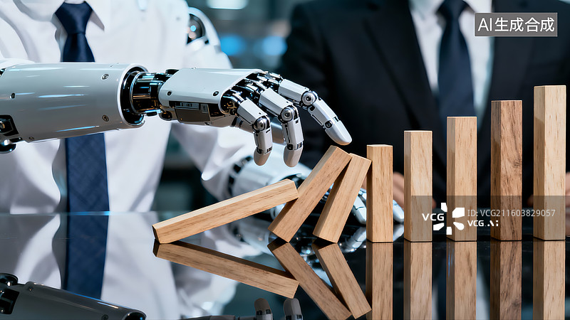 【AI数字艺术】人工智能机器人触发多米诺效应骨牌图片素材