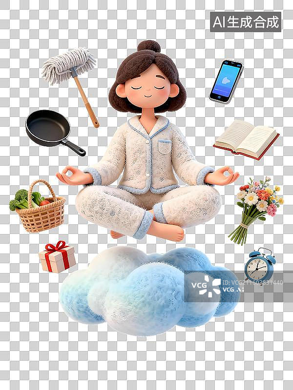 【AI数字艺术】3D卡通人物忙碌的妈妈在云彩上静心瑜伽，周围环绕着生活用品，家庭主妇，家务，瑜伽，忙碌，多重任务图片素材