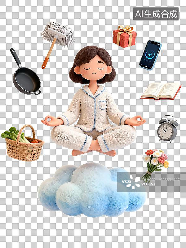 【AI数字艺术】3D卡通人物忙碌的妈妈在云彩上静心瑜伽，周围环绕着生活用品，家庭主妇，家务，瑜伽，忙碌，多重任务图片素材