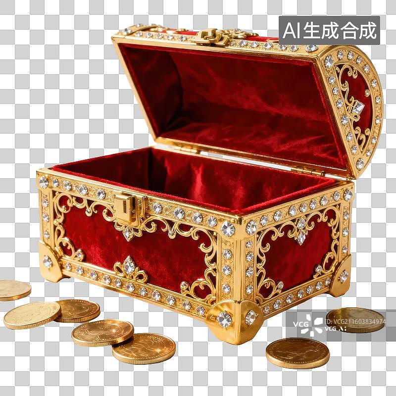 【AI数字艺术】镶钻红绒宝箱与金币图片素材