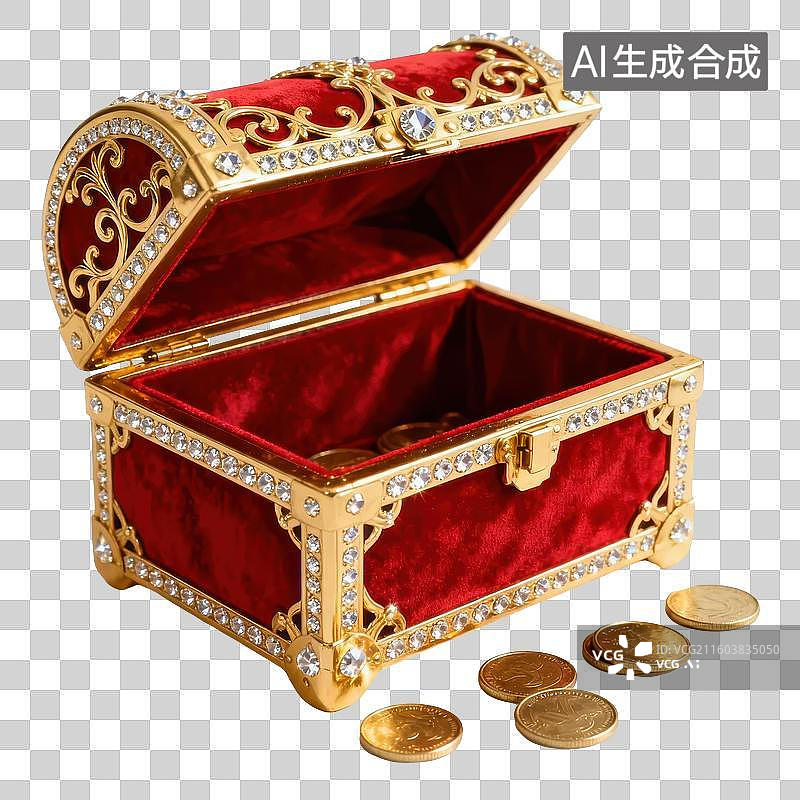 【AI数字艺术】红色宝石装饰宝箱与金币图片素材