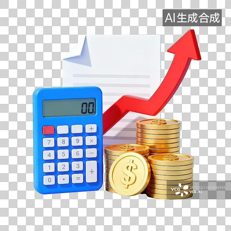 【AI数字艺术】计算器与金币堆叠展示增长图片素材