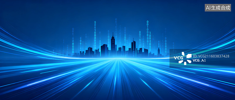 【AI数字艺术】蓝色科技城市光影流动背景图片素材