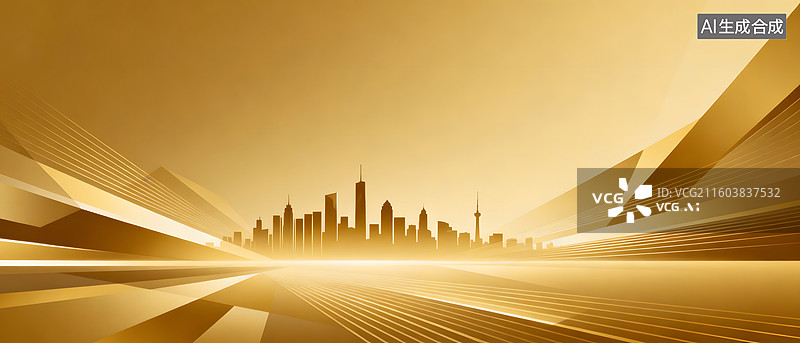 【AI数字艺术】金色都市剪影与几何光影交织图片素材