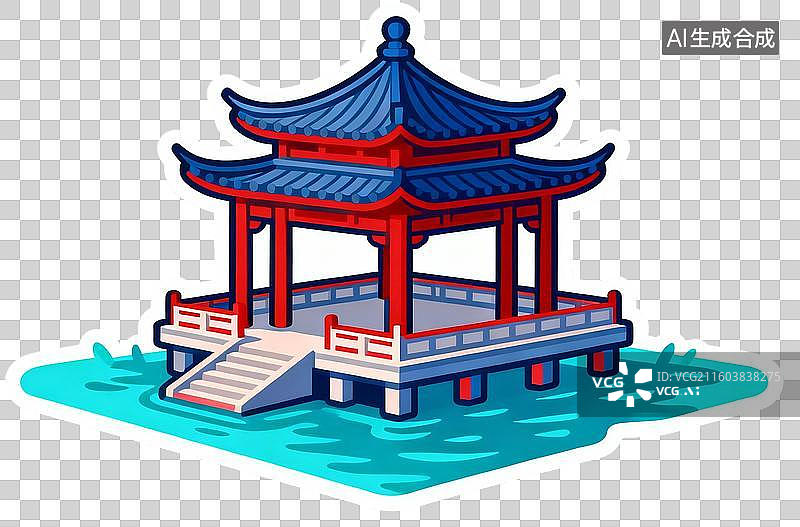 【AI数字艺术】中国古代建筑-水榭-卡通贴纸插画免抠元素图片素材