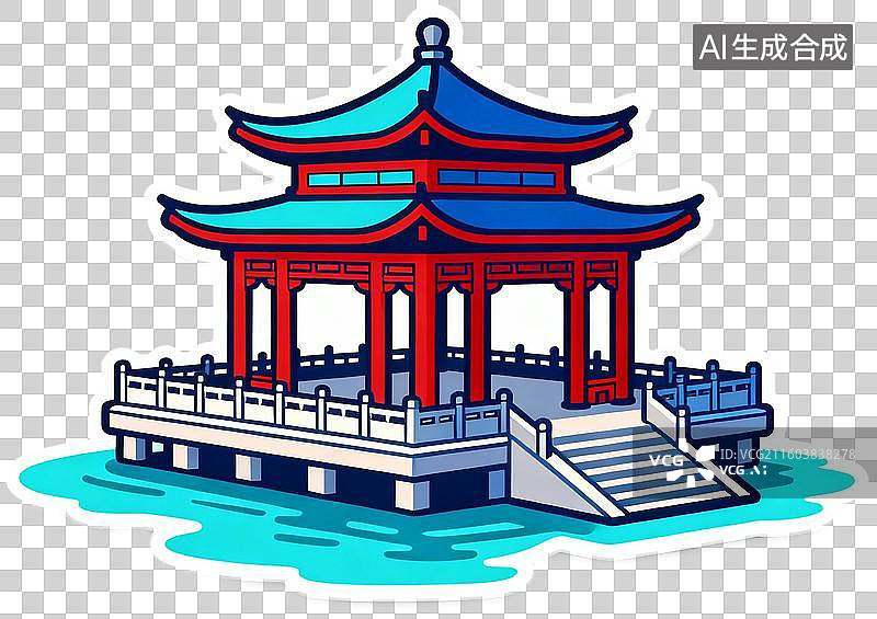 【AI数字艺术】中国古代建筑-水榭-卡通贴纸插画免抠元素图片素材