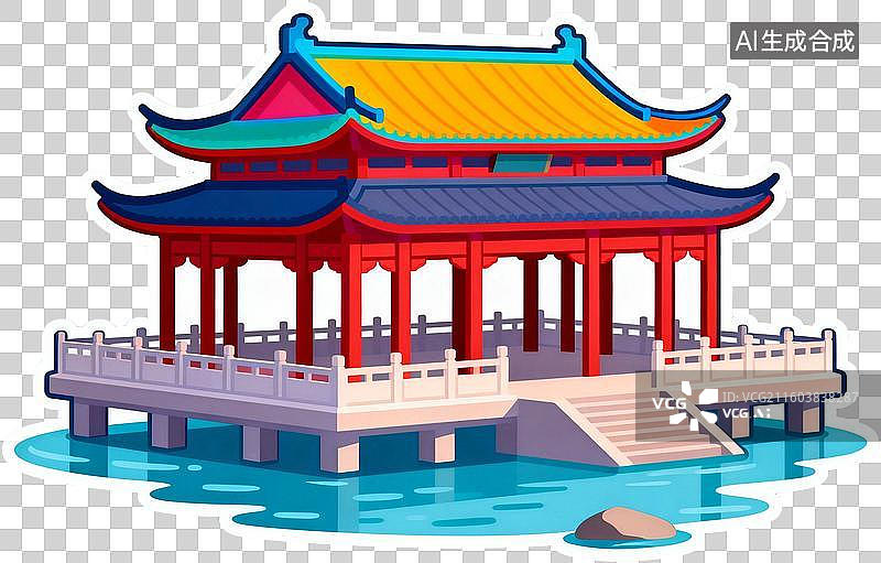 【AI数字艺术】中国古代建筑-水榭-卡通贴纸插画免抠元素图片素材