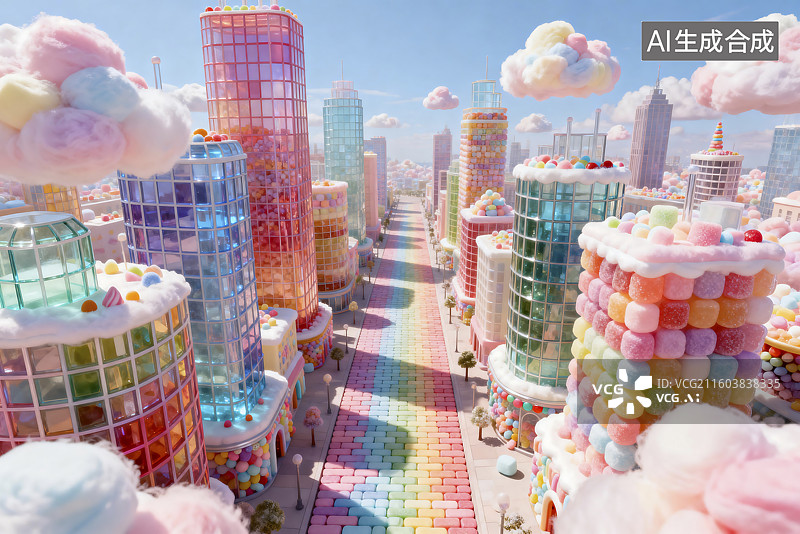 【AI数字艺术】充满糖果元素的奇幻城市景观图片素材