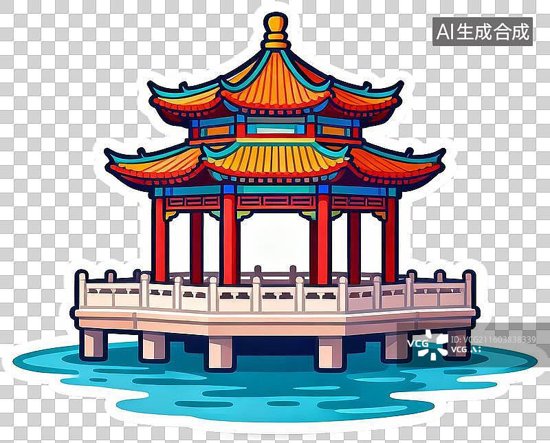 【AI数字艺术】中国古代建筑-水榭-卡通贴纸插画免抠元素图片素材
