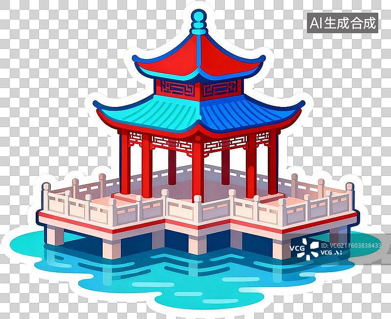 【AI数字艺术】中国古代建筑-水榭-卡通贴纸插画免抠元素图片素材