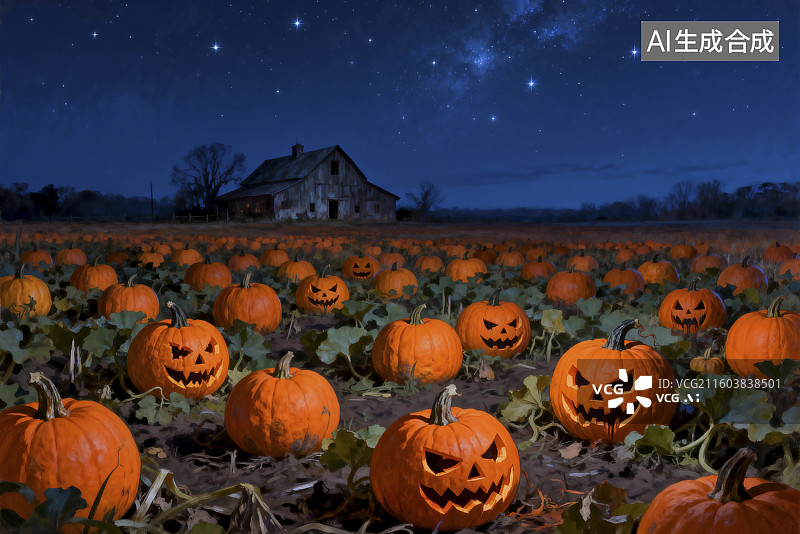 【AI数字艺术】星夜下南瓜地里的南瓜灯图片素材