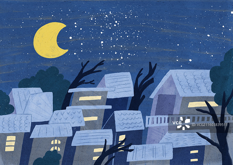 手绘乡村小镇宁静的夜晚图片素材