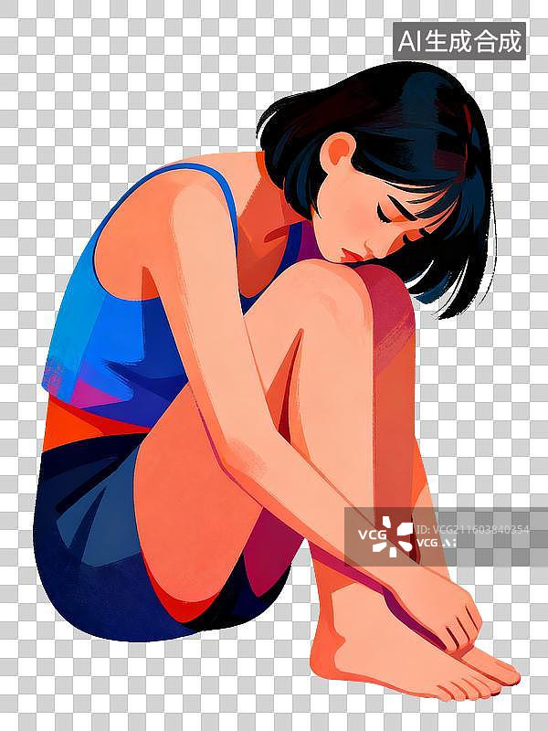 【AI数字艺术】垂头丧气坐在地上的年轻人扁平卡通元素图片素材