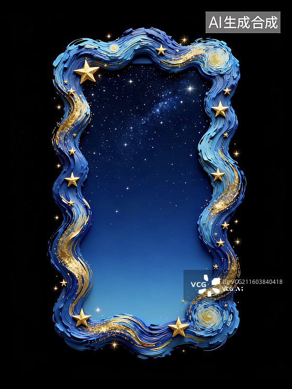 【AI数字艺术】浪漫星月夜梵高油画边框标题框图片素材