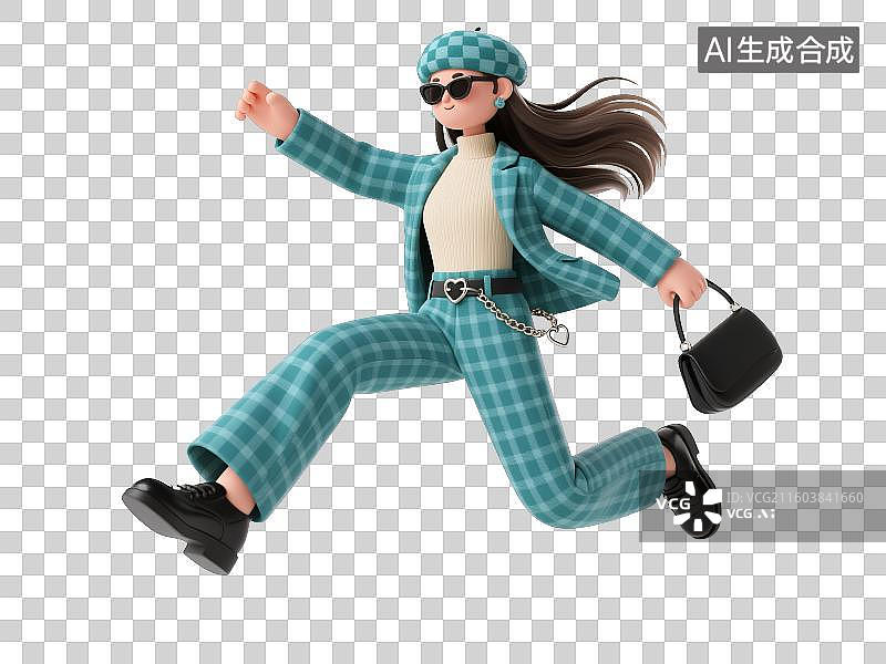 【AI数字艺术】3D早秋蓝绿格纹穿搭少女动作姿势图片素材