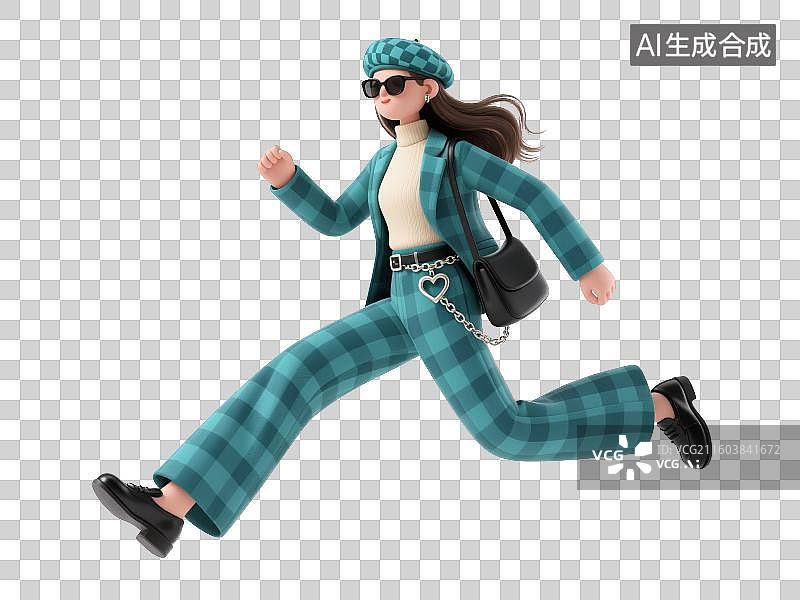 【AI数字艺术】3D早秋蓝绿格纹穿搭少女动作姿势图片素材