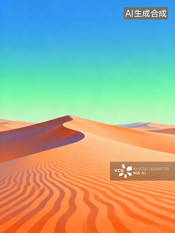 【AI数字艺术】插画，超现实主义，蓝绿橙渐变色调，沙漠风光、沙丘波纹纹理、梦幻渐变色天空、自然静谧氛围图片素材