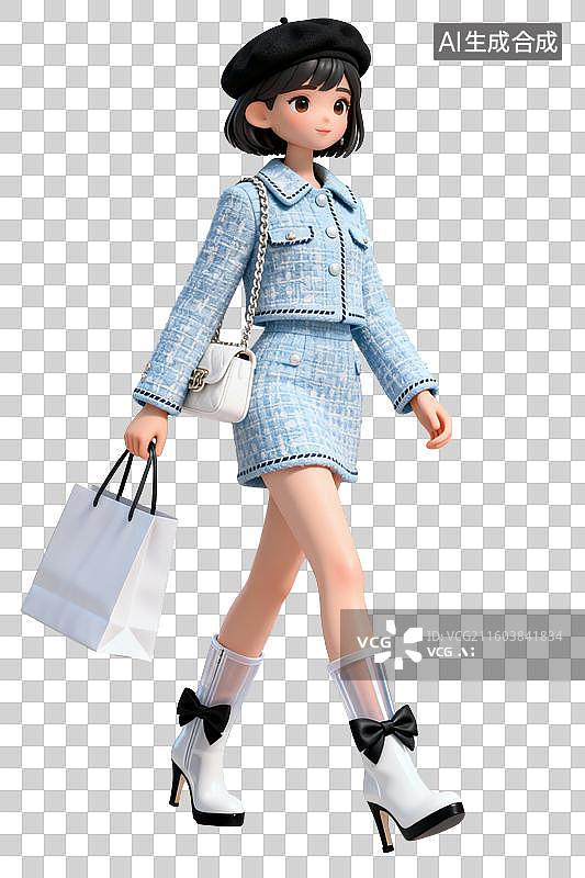 【AI数字艺术】3D早秋蓝色小香风穿搭少女动作姿势图片素材