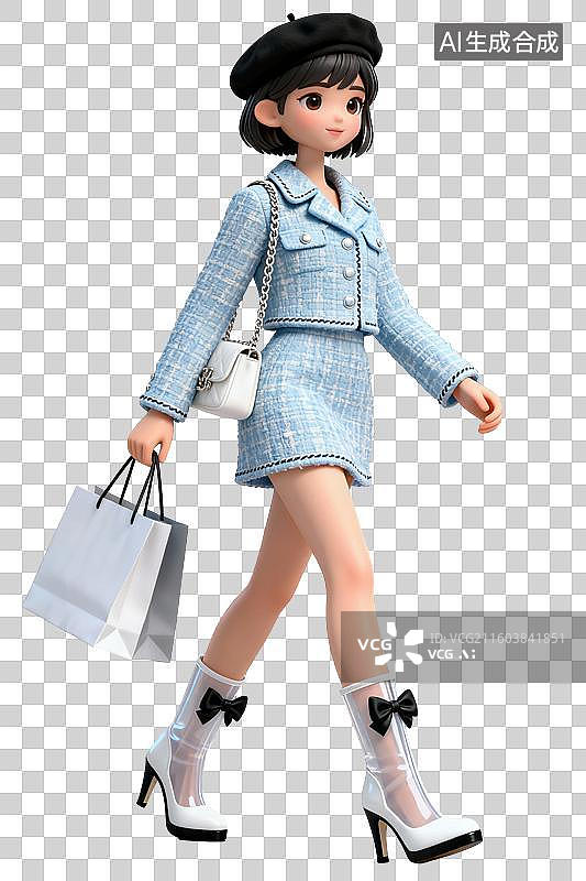 【AI数字艺术】3D早秋蓝色小香风穿搭少女动作姿势图片素材