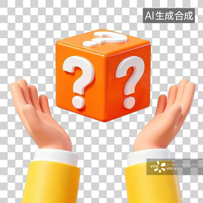 【AI数字艺术】双手托举橙色问号方块图片素材