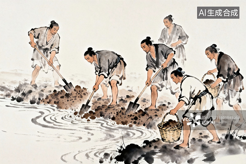 【AI数字艺术】传统水墨风格，古代劳动人民正在疏通河道图片素材