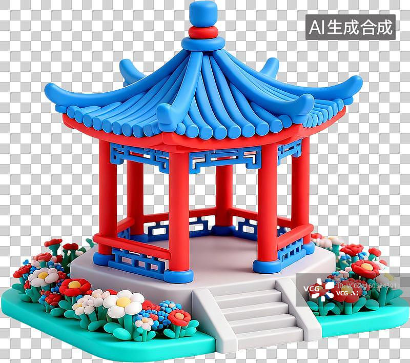 【AI数字艺术】中国古代建筑-花榭-三维卡通粘土风格插画免抠元素图片素材