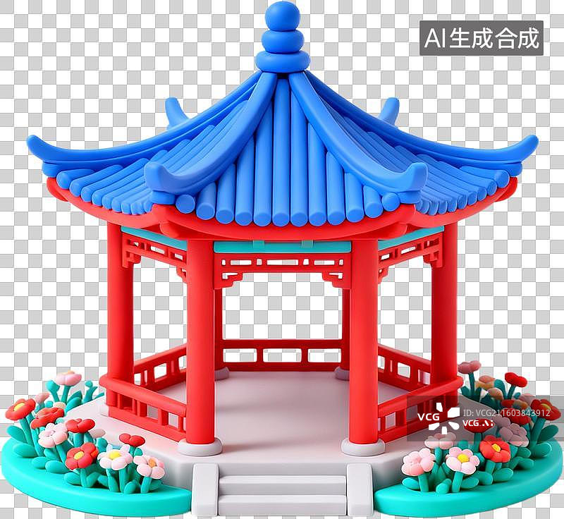 【AI数字艺术】中国古代建筑-花榭-三维卡通粘土风格插画免抠元素图片素材