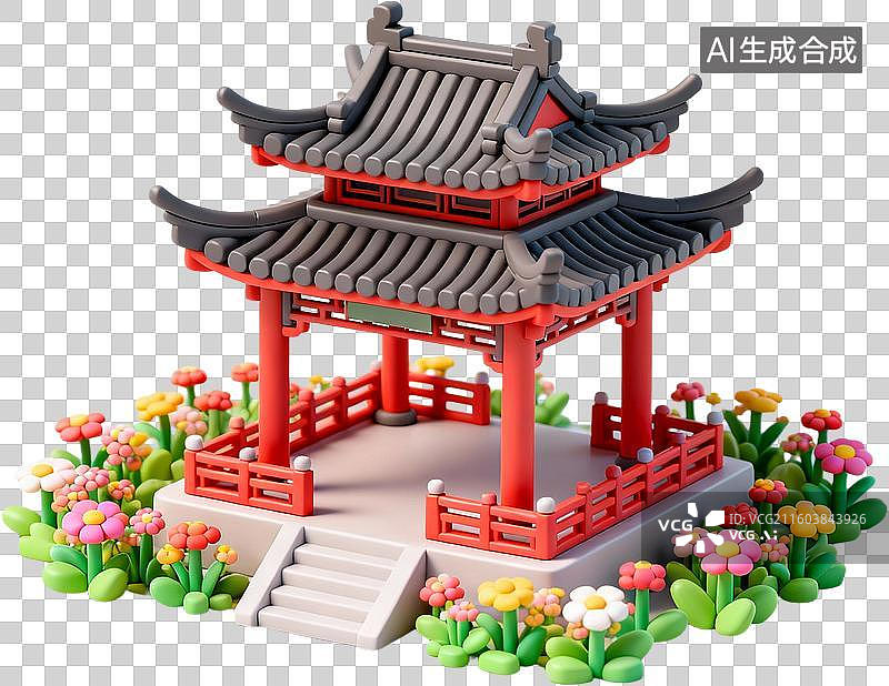 【AI数字艺术】中国古代建筑-花榭-三维卡通粘土风格插画免抠元素图片素材
