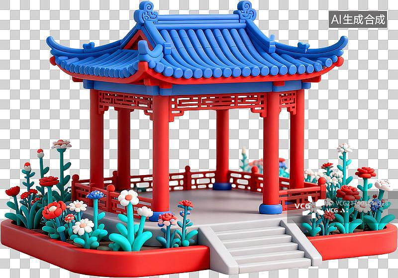 【AI数字艺术】中国古代建筑-花榭-三维卡通粘土风格插画免抠元素图片素材