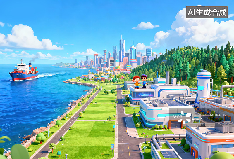 【AI数字艺术】卡通滨海未来都市：工业与生态共融的奇幻之城图片素材