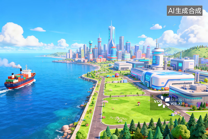 【AI数字艺术】卡通滨海未来都市：工业与生态共融的奇幻之城图片素材