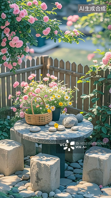 【AI数字艺术】自然清新的小院子里鲜花绿植环绕，石桌石凳，石桌上小竹筐里各色小野花，木制栅栏爬满粉色的蔷薇花，柔光图片素材