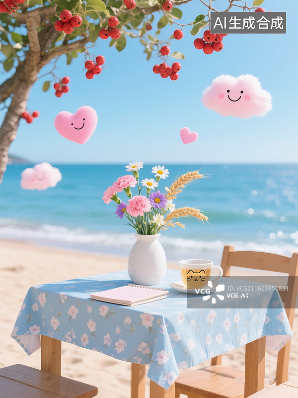 【AI数字艺术】海滨场景，淡蓝色碎花桌布铺展在木桌上，摆放着花瓶，插着粉色的康乃馨、淡紫色的小雏菊，一杯茉莉花茶。图片素材