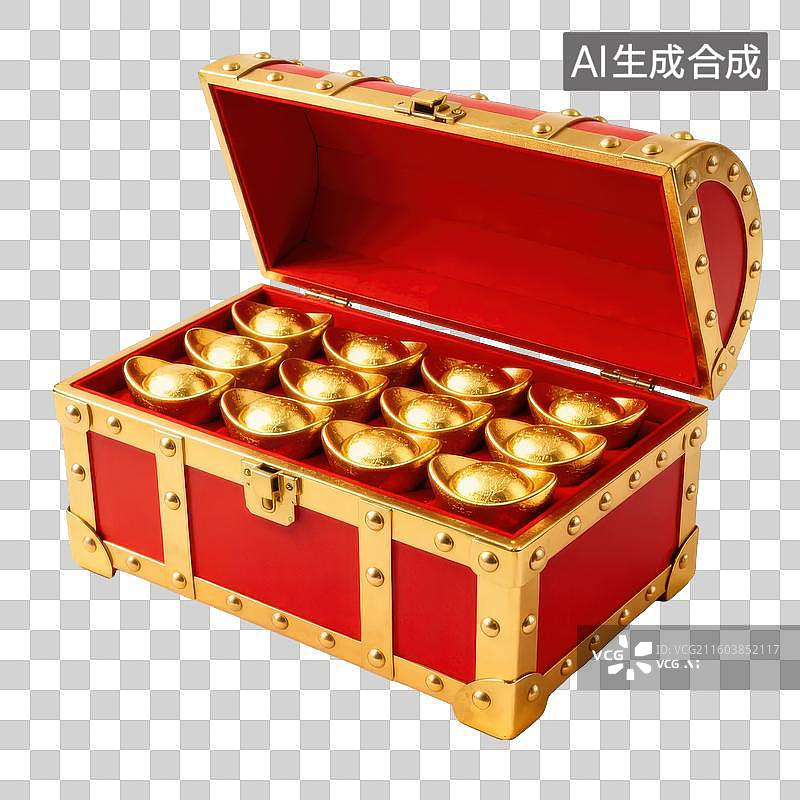 【AI数字艺术】红色宝箱内装金色元宝图片素材