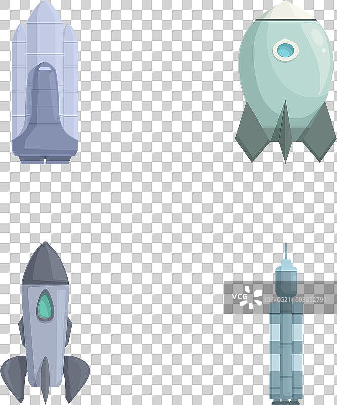 白色背景上孤立的卡通太空火箭集合图片素材