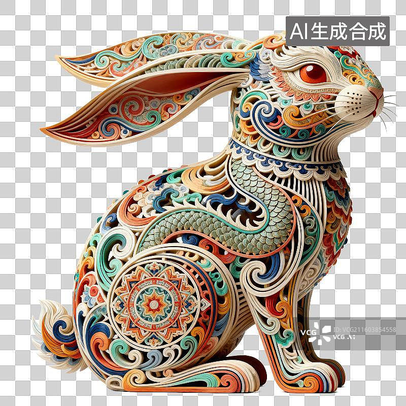【AI数字艺术】国潮风十二生肖兔年 3D 剪纸风格彩色插画免抠素材图片素材
